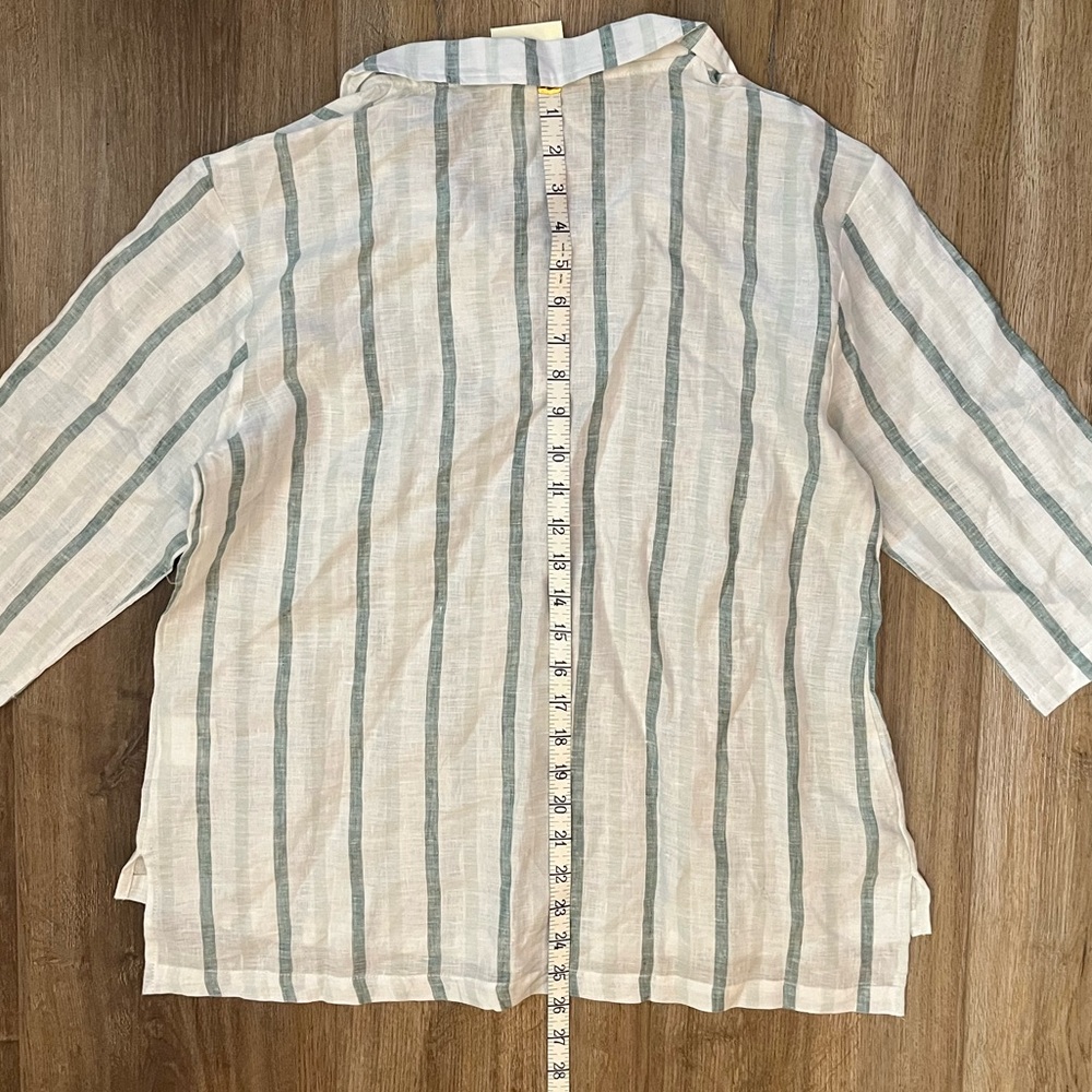 NWT White/ Mint Stripe Lintico Linen ¾-Sleeve Button-Down Shirt - Picture 4 of 6